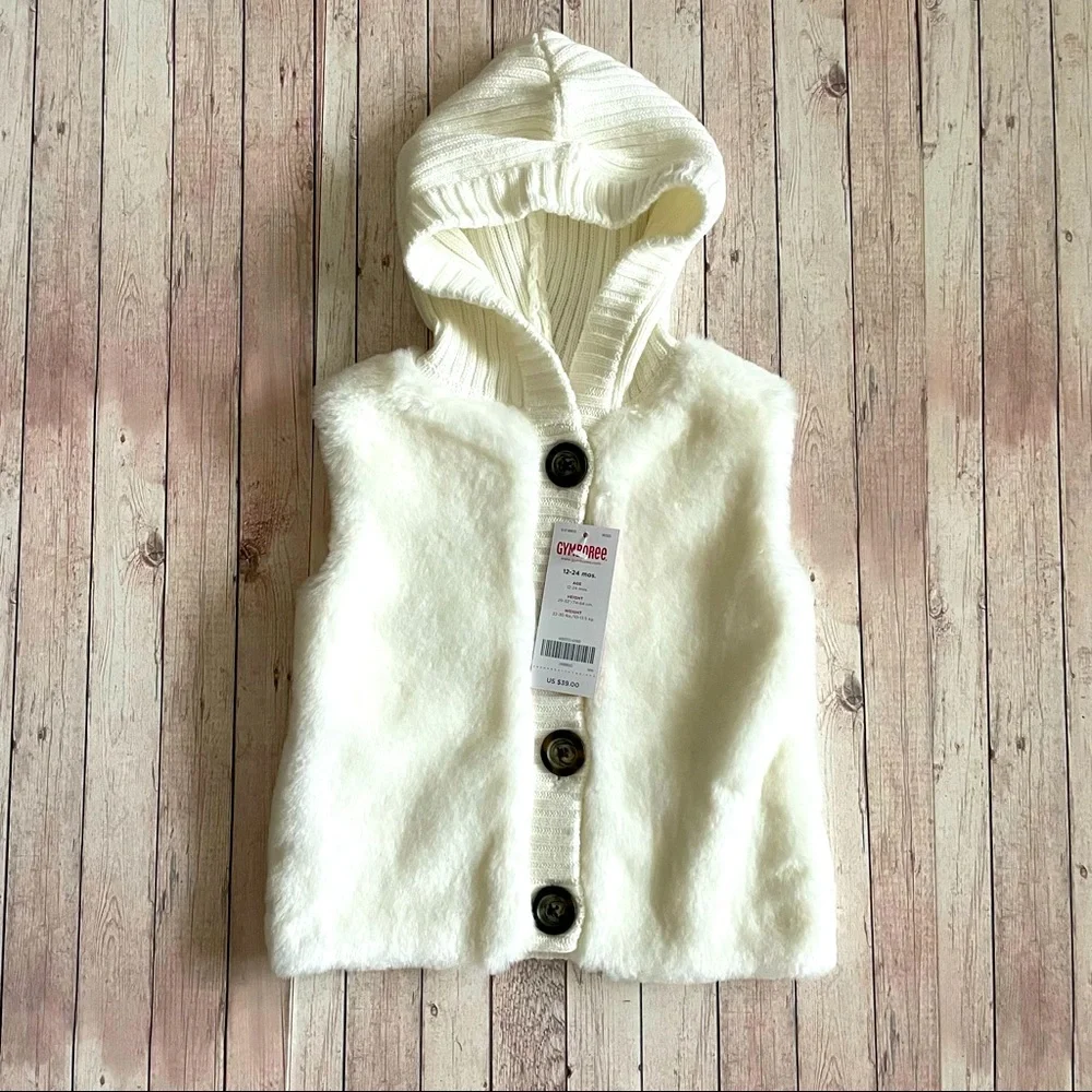 Gymboree Girl’s size 12-24 Months furry vest with Built in hoodie New with tags